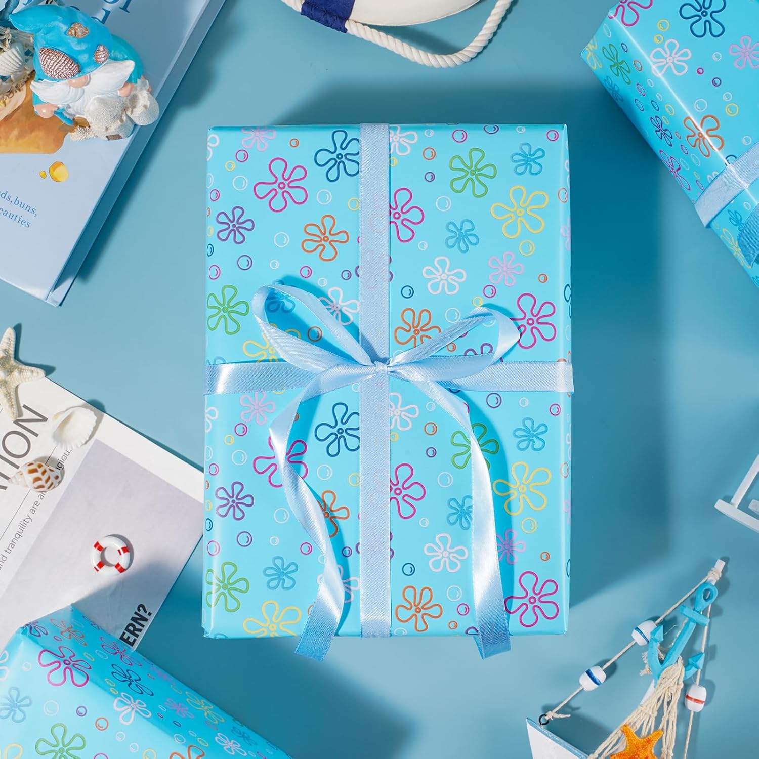 Cartoon Sponge Wrapping Paper - Mini Roll - 17 In X 32.8 Ft Blue Flower Bubble Gift Wrap Paper For Diy Crafts Birthday Ocean Under The Sea Party