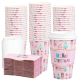 50Pcs Merry Christmas Disposable Coffee Cups With Lids And Sleeves Pastel Pink Nutcracker Paper Drinking Cup For Xmas Birthday Party Supplies