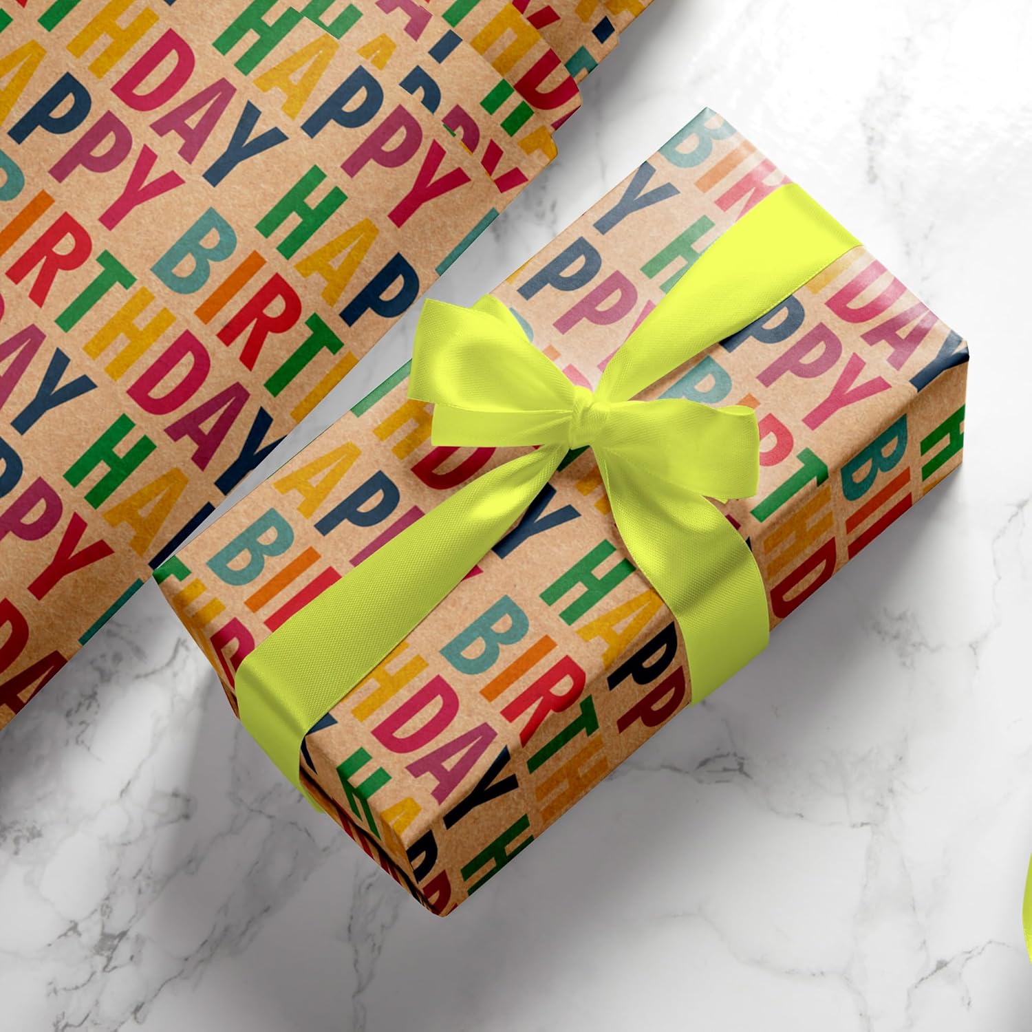 Kraft Birthday Wrapping Paper For Men, Women, Kids - Recycled Gift Wrap With Happy Birthday Colorful Text Design - 28 X 40 Inches, 4 Folded Sheets, Easy To Store