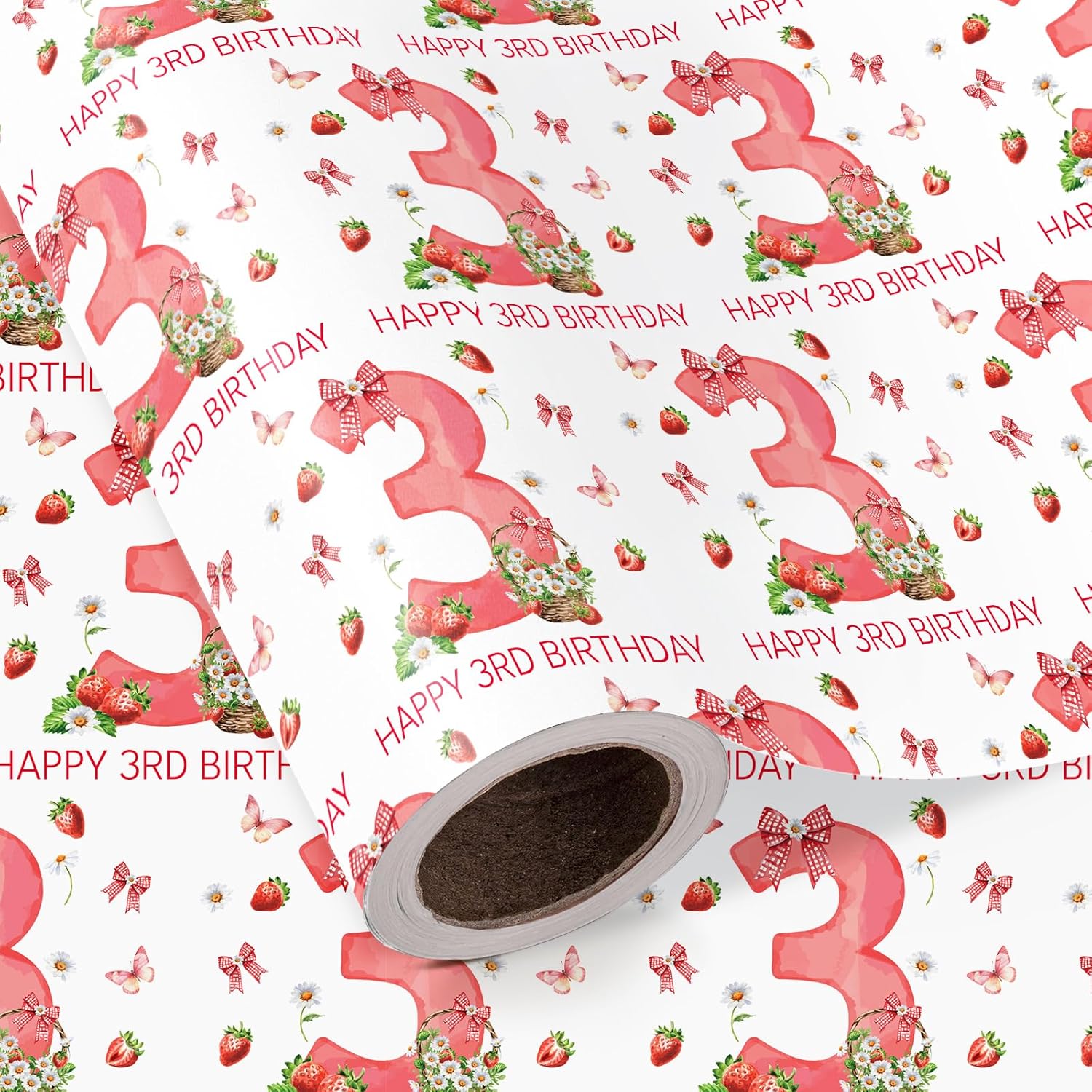 Berry 3Rd Birthday Wrapping Paper Roll - Mini Roll - 17 Inch X 16.5 Feet - Happy 3Rd Birthday Pink Bow And Strawberry Wrapping Paper For Girls Kids, Baby Shower