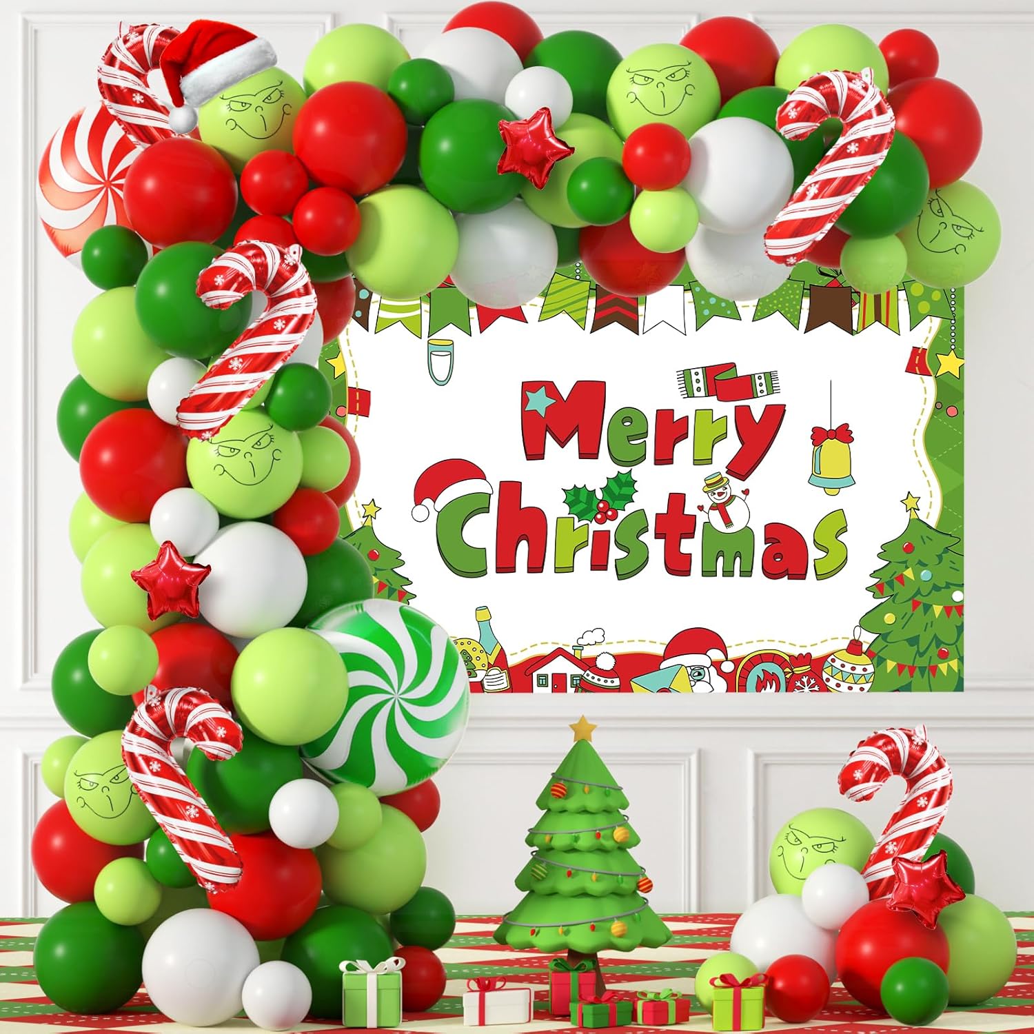 Christmas Balloons Arch Kit With Merry Christmas Backdrop For Xmas Baby Shower Birthday Party Decorations Christmas Balloon Garland Different Sizes With Candy Cane/Red Green Windmill/Red Star Balloons