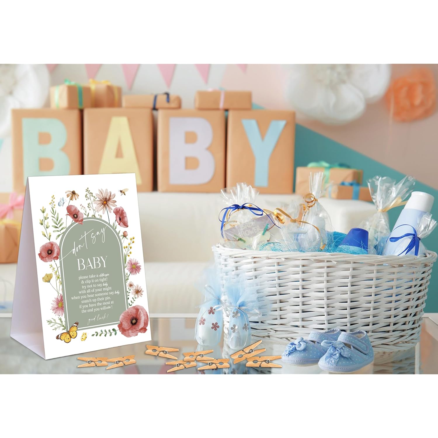 Boho Floral Themed Baby Shower Games, Dont Say Baby Game, Pack Of 1 Sign And 50 Mini Wooden Clothespins, Sage Green Butterfly Baby Shower Decorations, Gender Reveal Party Supplies
