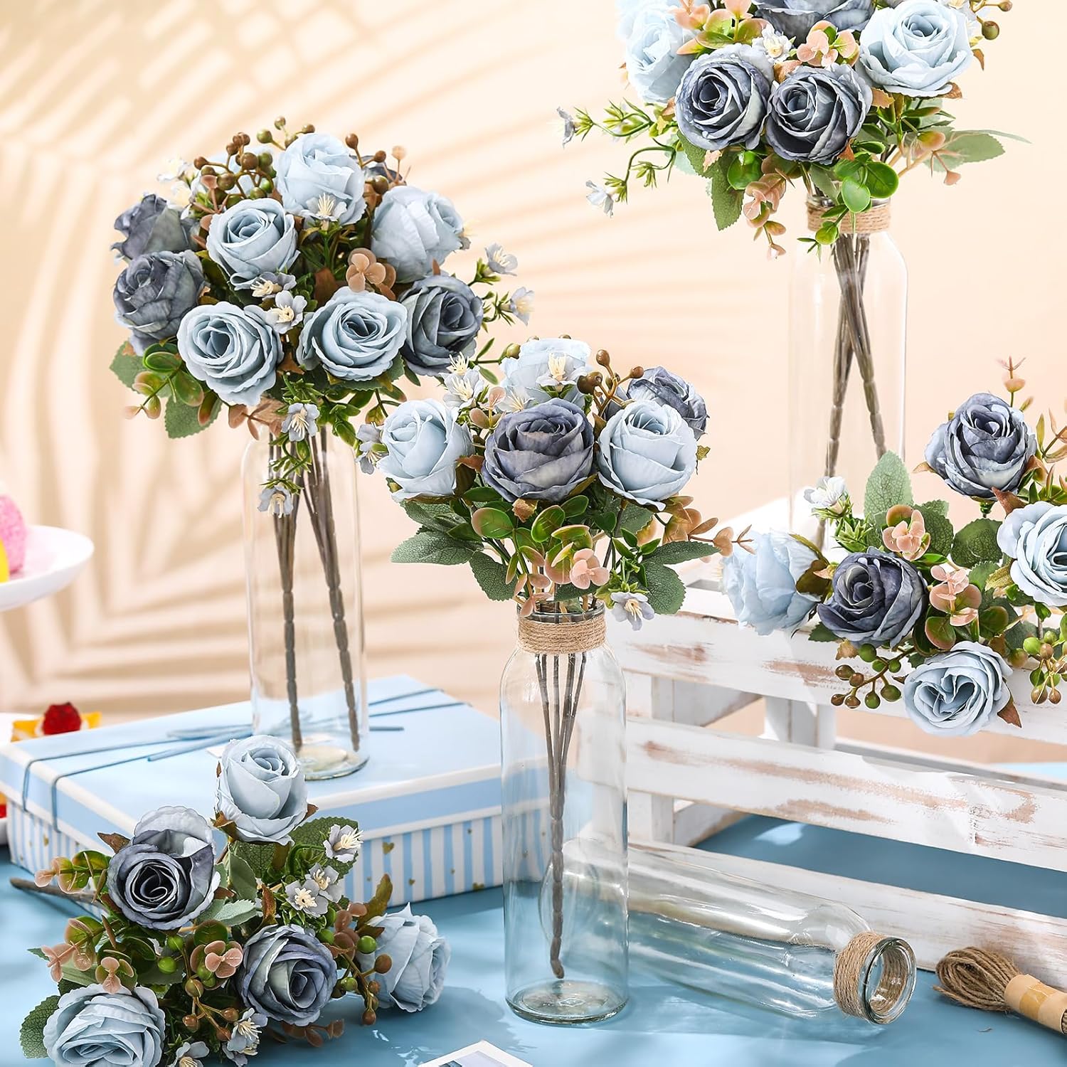 10 Sets Blue Rose Table Centerpiece Decor Bulk For Wedding, Artificial Blue Flower Bouquets Arrangement With Mason Jars Vase For Office Home Kitchen Tea Party Bridal Party Event Table Decor