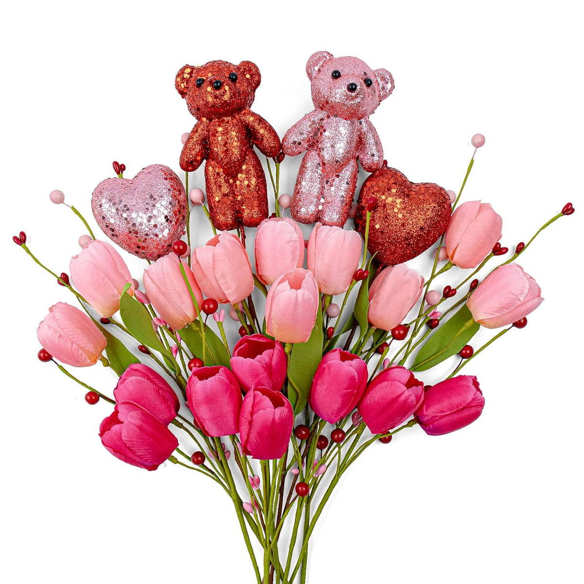 Valentine'S Day Decorations Valentines Day Gifts 10 Pack Artificial Floral Picks With Pink Red Bear And Heart Tulip For Valentine Mothers Day Anniversary Candlelight Dinner Party Decor