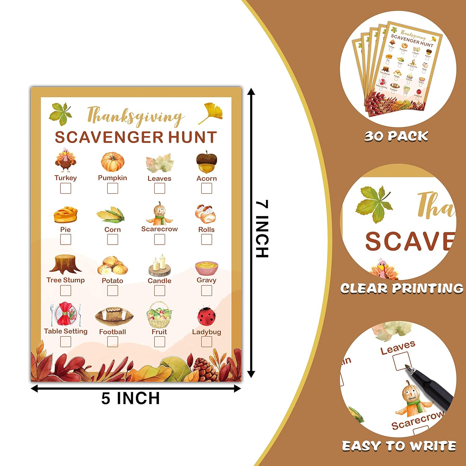 Thanksgiving Scavenger Treasure Hunt Game- Fall Pumpkin Party Games Cards, Autumn Activities For Adults, Holiday Hunt For Friends, Thanksgiving Party Supplies Decorations(30 Pack)-01
