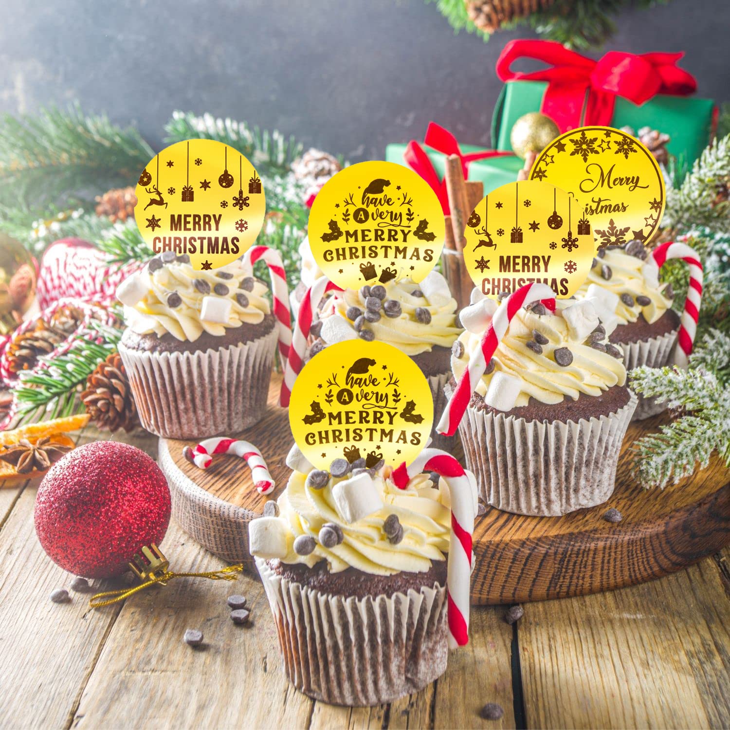 10 Pieces Merry Christmas Acrylic Cupcake Toppers Snowflake Shapes Round Mirror Engraved Cake Topper Cupcake Decorations For Christmas Party (Gold)