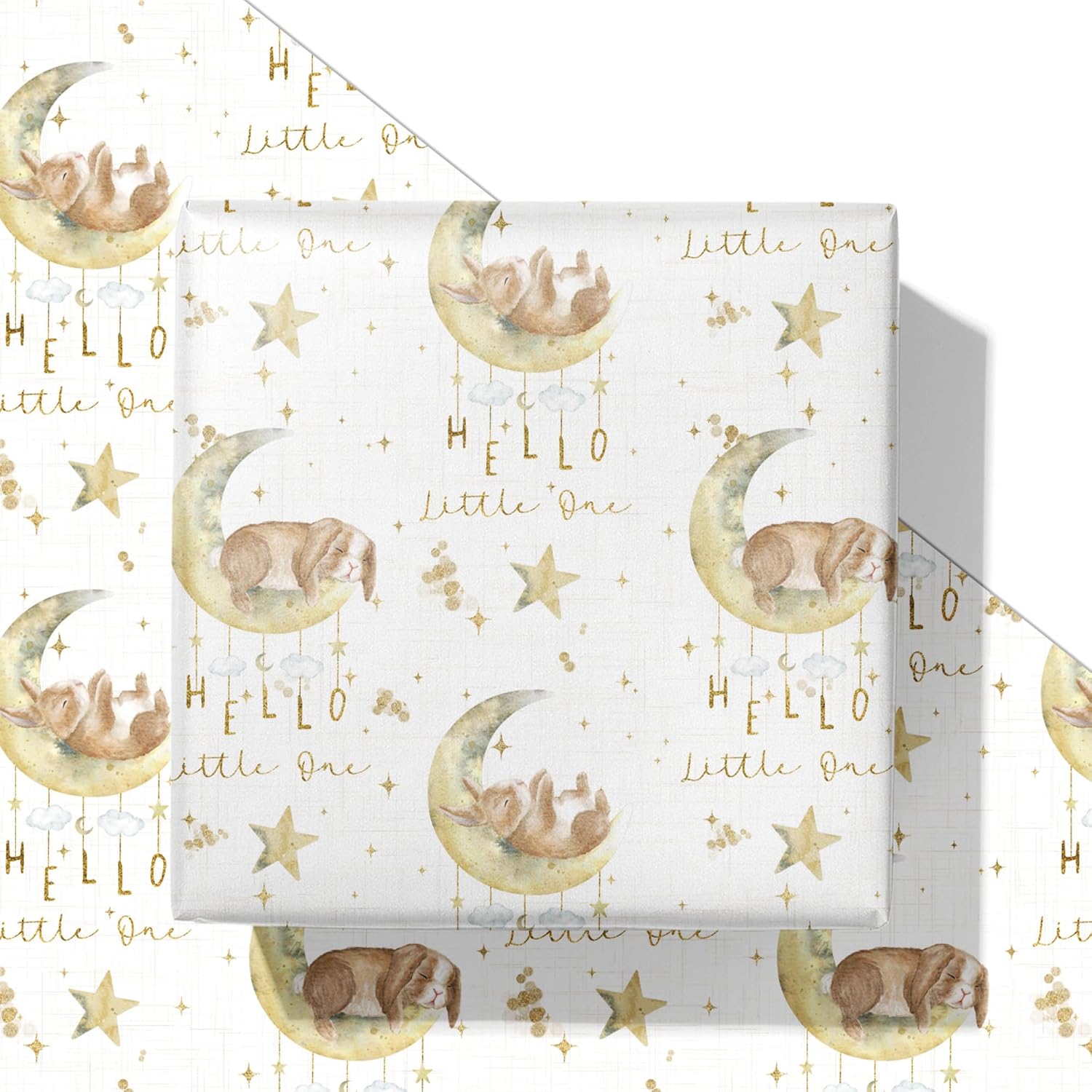 Baby Shower Wrapping Paper For Kids Girls Boys - White Gift Wrap With Bunny, Moon And Hello Little One Design For Baby Shower, Birthday, Newborn - 28×40 Inches, 4 Jumbo Folded Sheets