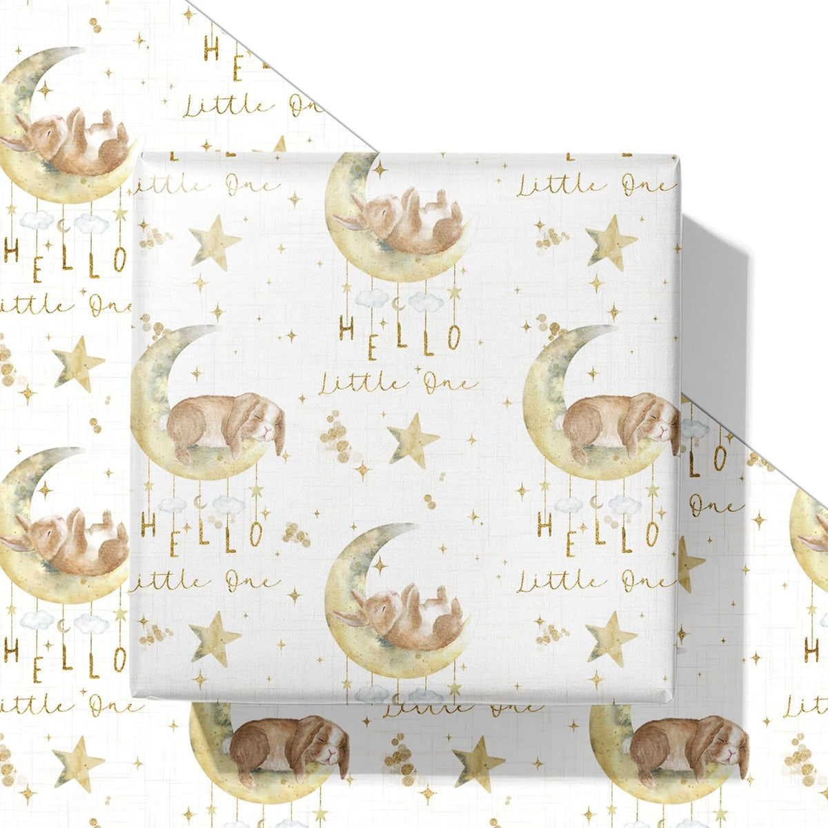 Baby Shower Wrapping Paper For Kids Girls Boys - White Gift Wrap With Bunny, Moon And Hello Little One Design For Baby Shower, Birthday, Newborn - 28×40 Inches, 4 Jumbo Folded Sheets