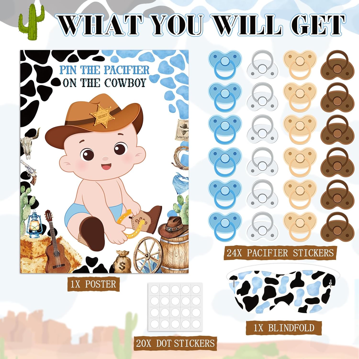 Pin The Pacifier On The Cowboy Party Games First Rodeo Party Decor Include A Baby Poster Blindfold 24 Pacifier Stickers For Western Theme Baby Shower Decorations (White,West Cowboy)