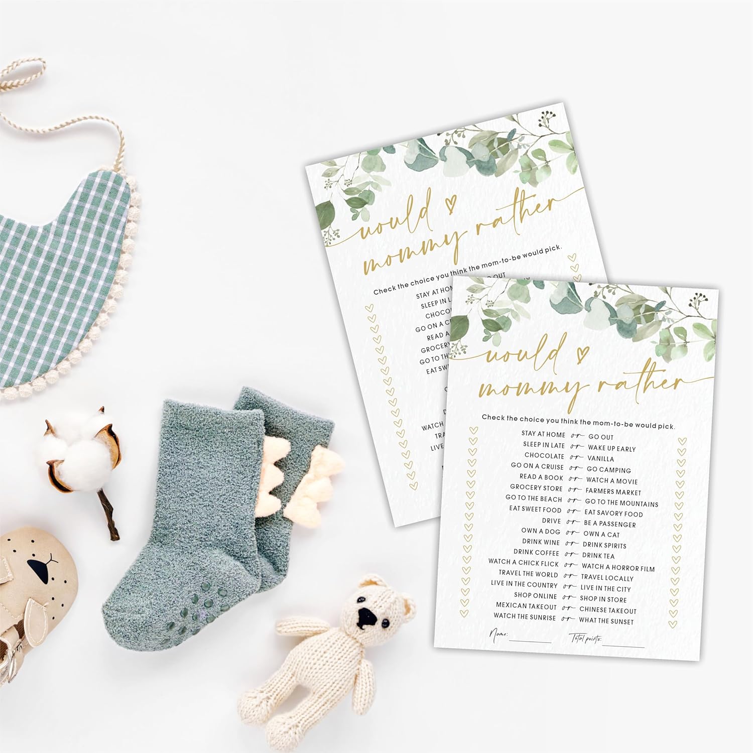 Would Mommy Rather Baby Shower Game Cards - Golden Greenery - 30 Double-Sided Fill In Style Game Cards For Gender Reveal, Baby Announcement, Party Games & Activity - D06