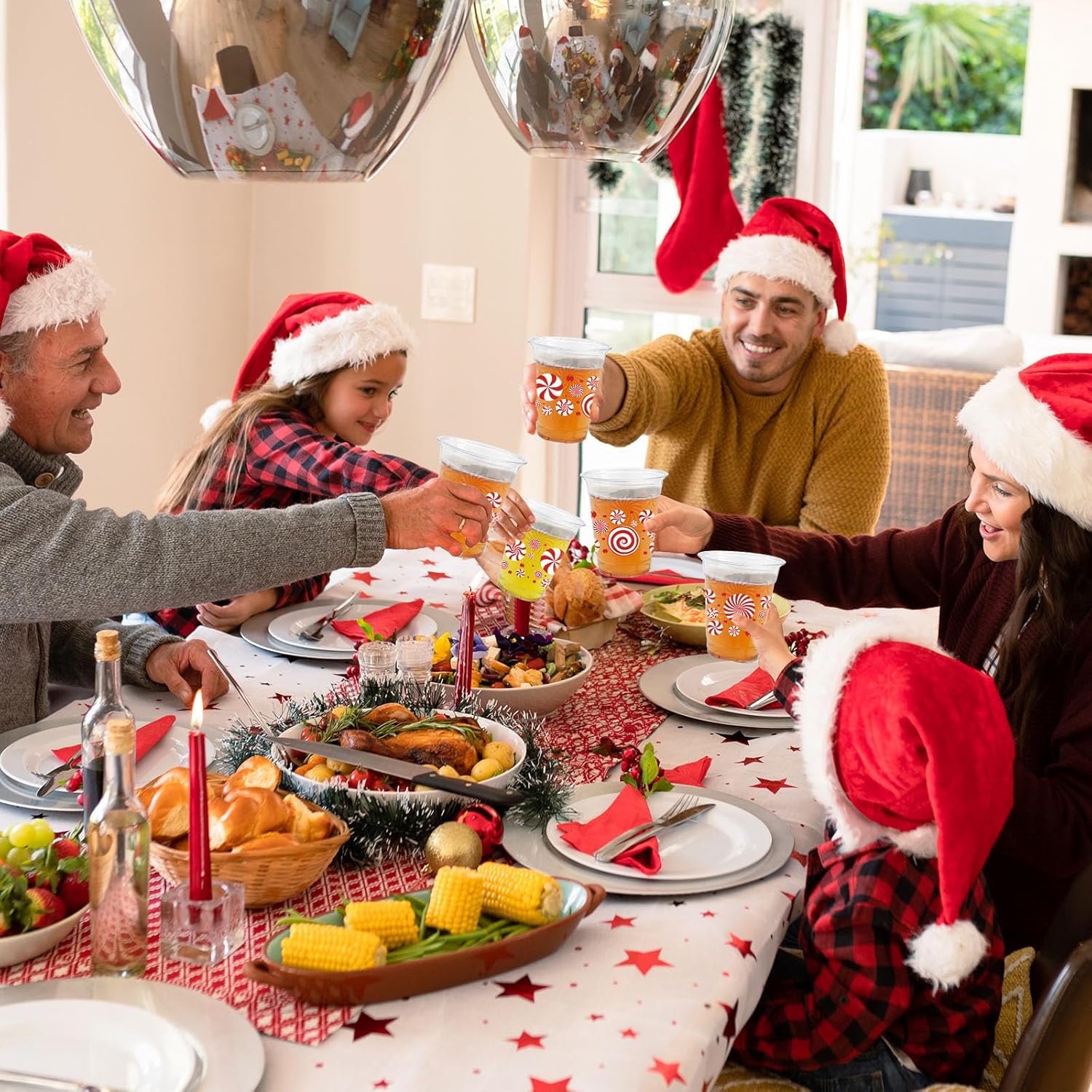 50 Pcs 12Oz Christmas Plastic Cups,Red White Christmas Peppermint Candy Cane Disposable Clear Plastic Cups Juice Soda Beverage Party Favors For Merry Xmas Holiday Themed Decorations Supplies