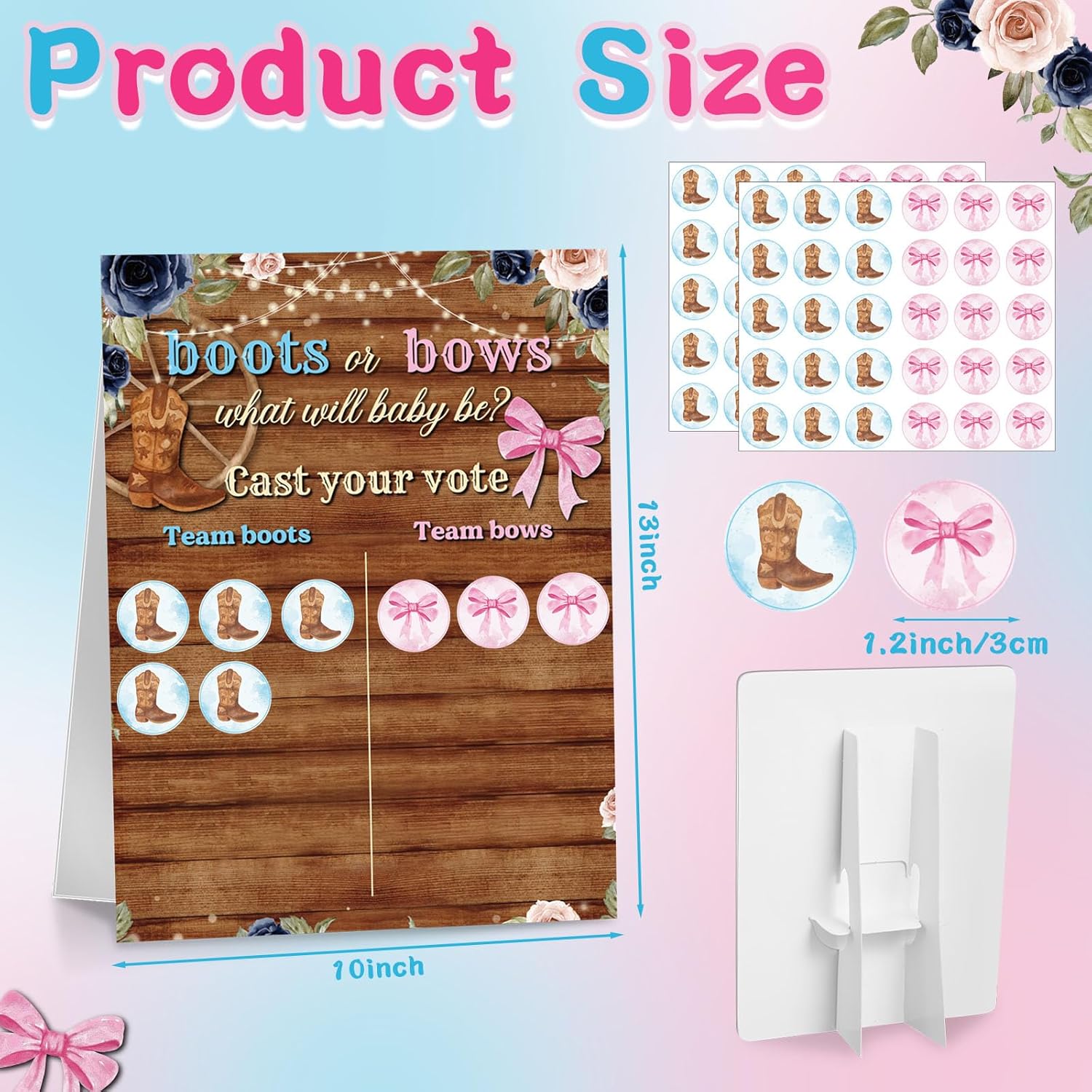Boots Or Bows Gender Reveal Game Board With Stand, 60 Pink Bow & Brown Boot Stickers, Cast Your Vote Baby Shower Party Supplies, Boy Or Girl Guessing Game Decorations For Gender Reveal Party