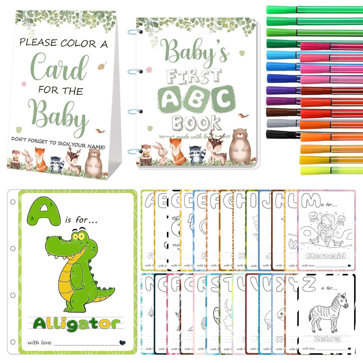 Baby’S First Abc Book Baby Shower Activity & Guest Book Alternative, Alphabet Coloring Book Keepsake Game With 24 Watercolor Pens, Woodland Animal Theme For Baby Shower Or Sprinkle