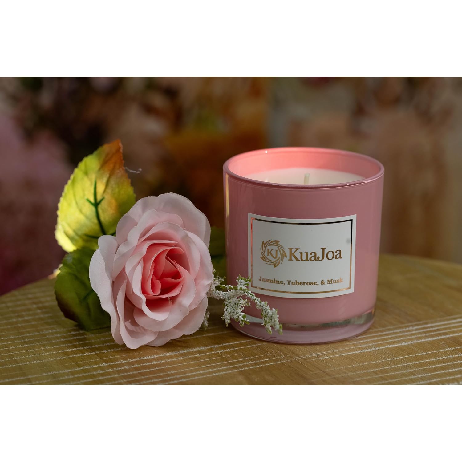 Scented Soy Blend Candle, Jasmine Tuberose Musk, Pink Glass Jar, Long-Lasting 50 Hour Burn Time