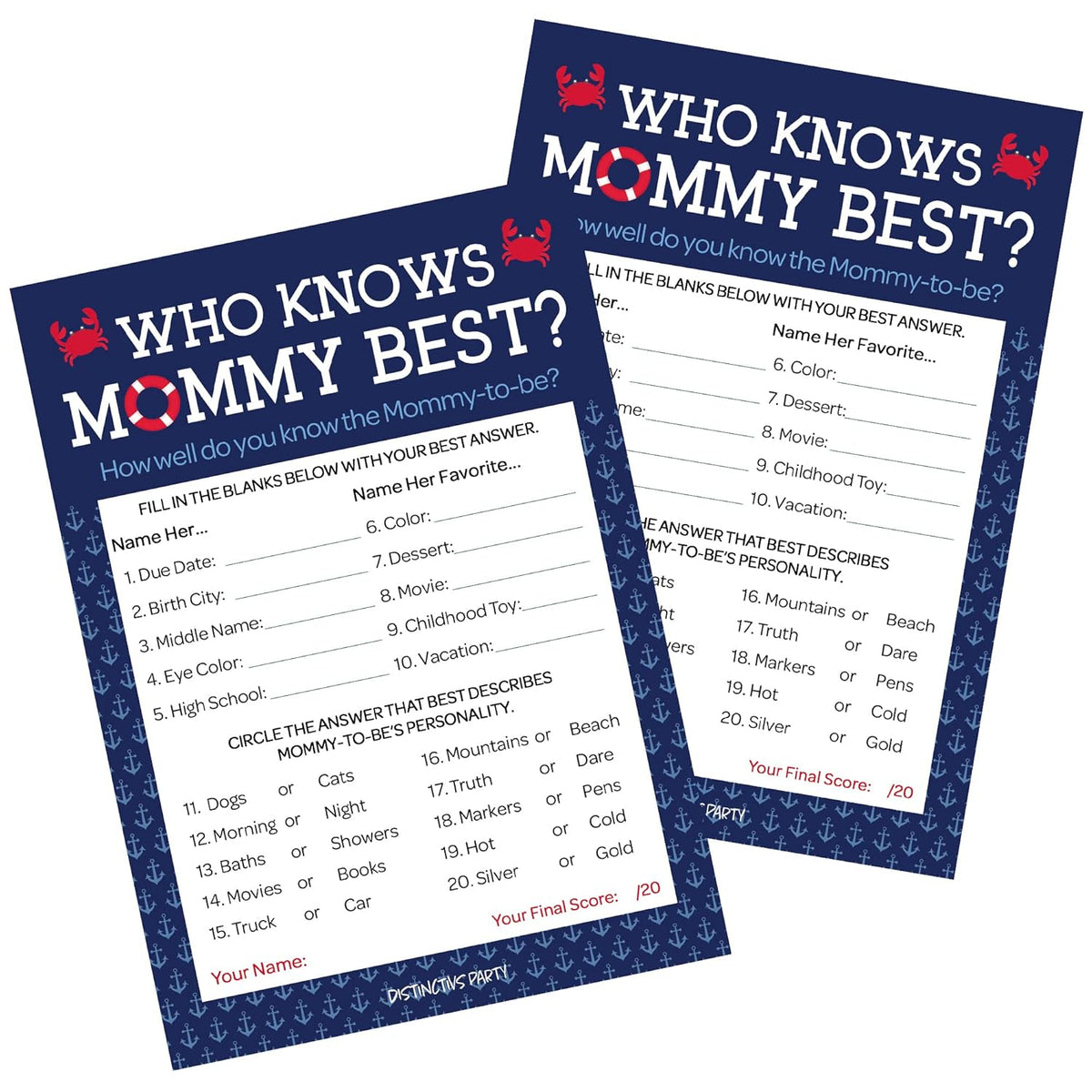 Ahoy Its A Boy Baby Shower Game, Nautical Who Knows Mommy Best Party Activity - 20 Game Cards