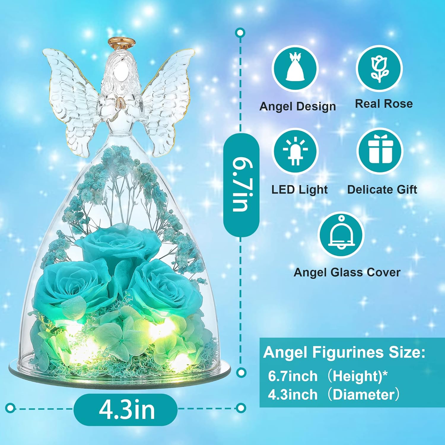 Mothers Day Rose Gifts For Her, Large Angel Rose Gifts For Women, Forever Real Roses In Angel Figurines, Angel Guardian With Roses Flower, Aqua Blue