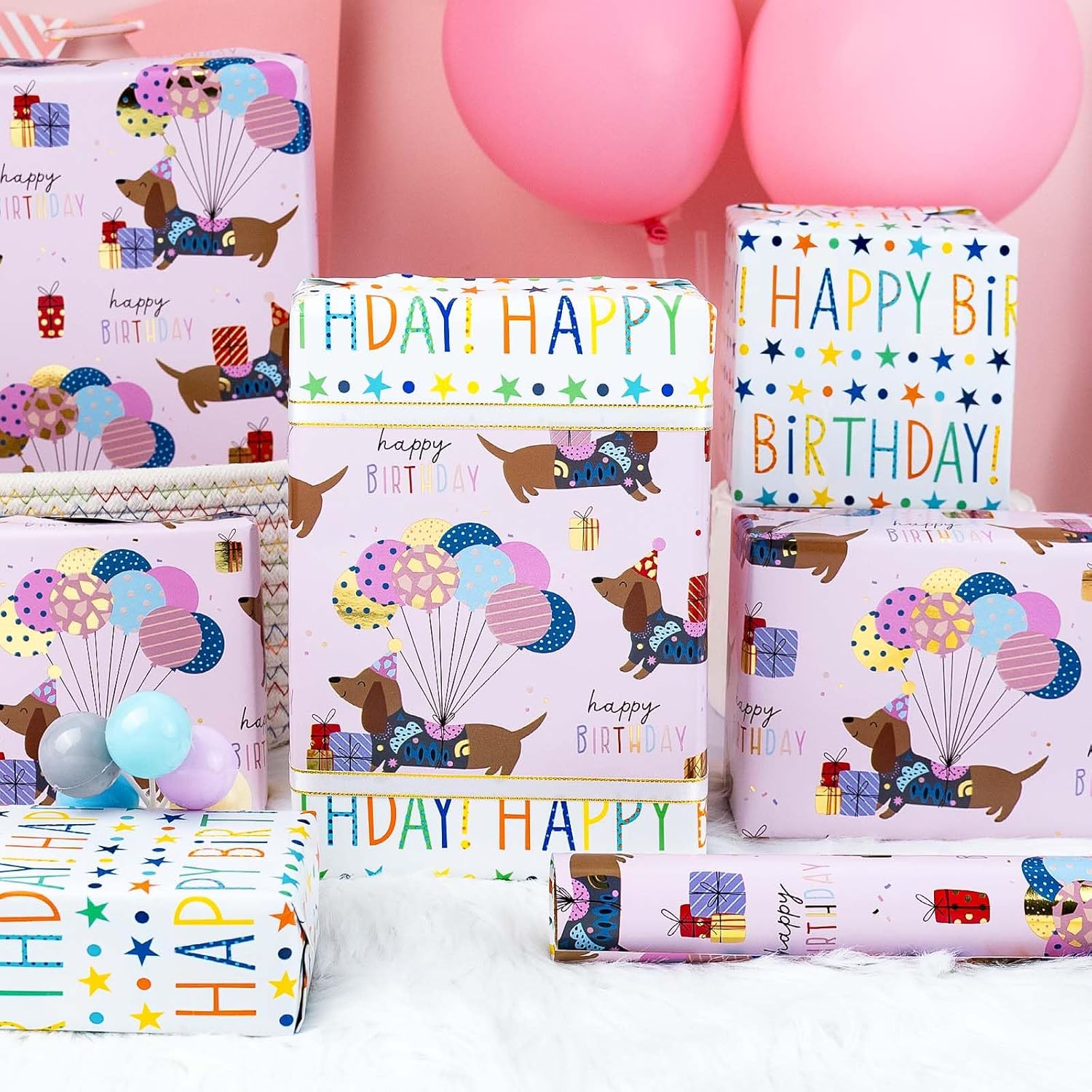Birthday Dog Wrapping Paper, Reversible Color Happy Birthday Gift Wrap For Baby Shower, Valentines, Mothers Day, Graduation, Wedding, Fathers Day, Christmas (17In X 32.8Ft)