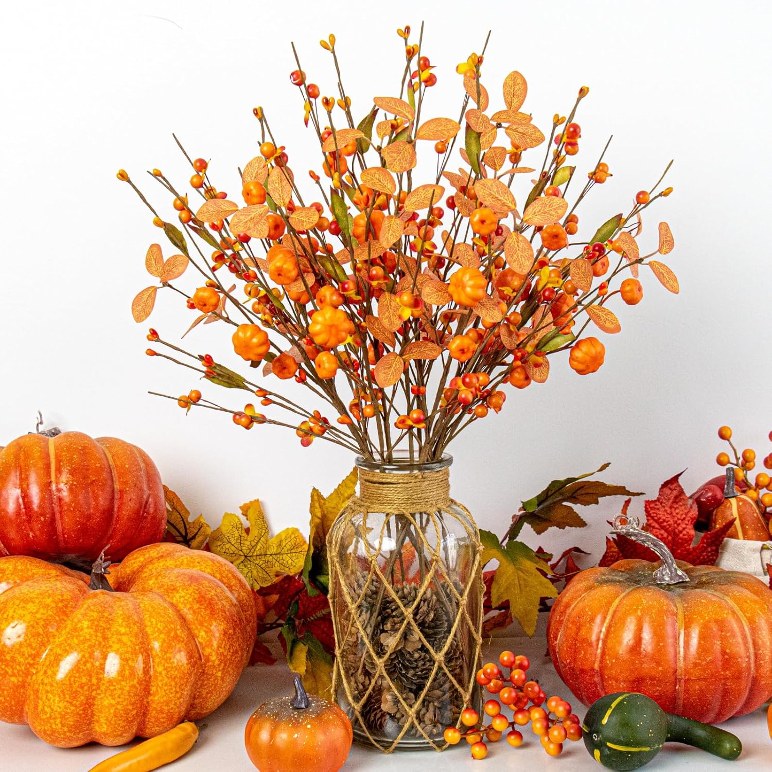 Artificial Fall Decorations 12 Pack Fall Pumkin Picks 17 Inch Orange Berry Stems With Eucalyptus Leaves For Autumn Thanksgving Day Harvest Festival Flower Arrangement Centerpieces Diy Crafts