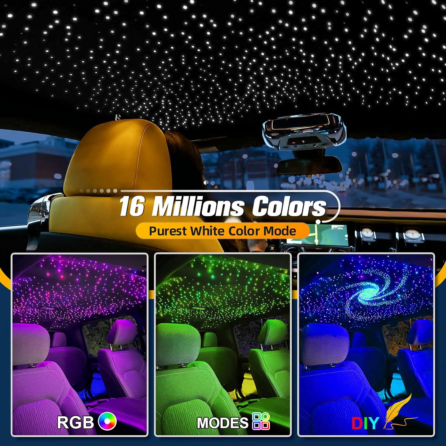 6W Mini Size Twinkle 575Pcs Of (0.03+0.04+0.06In)*13.1Ft Starlight Headliner Kit, Star Lights For Car With Bluetooth App/Remote Control/Music Effect, Rgbw Fiber Optic Lights For Home Ceiling