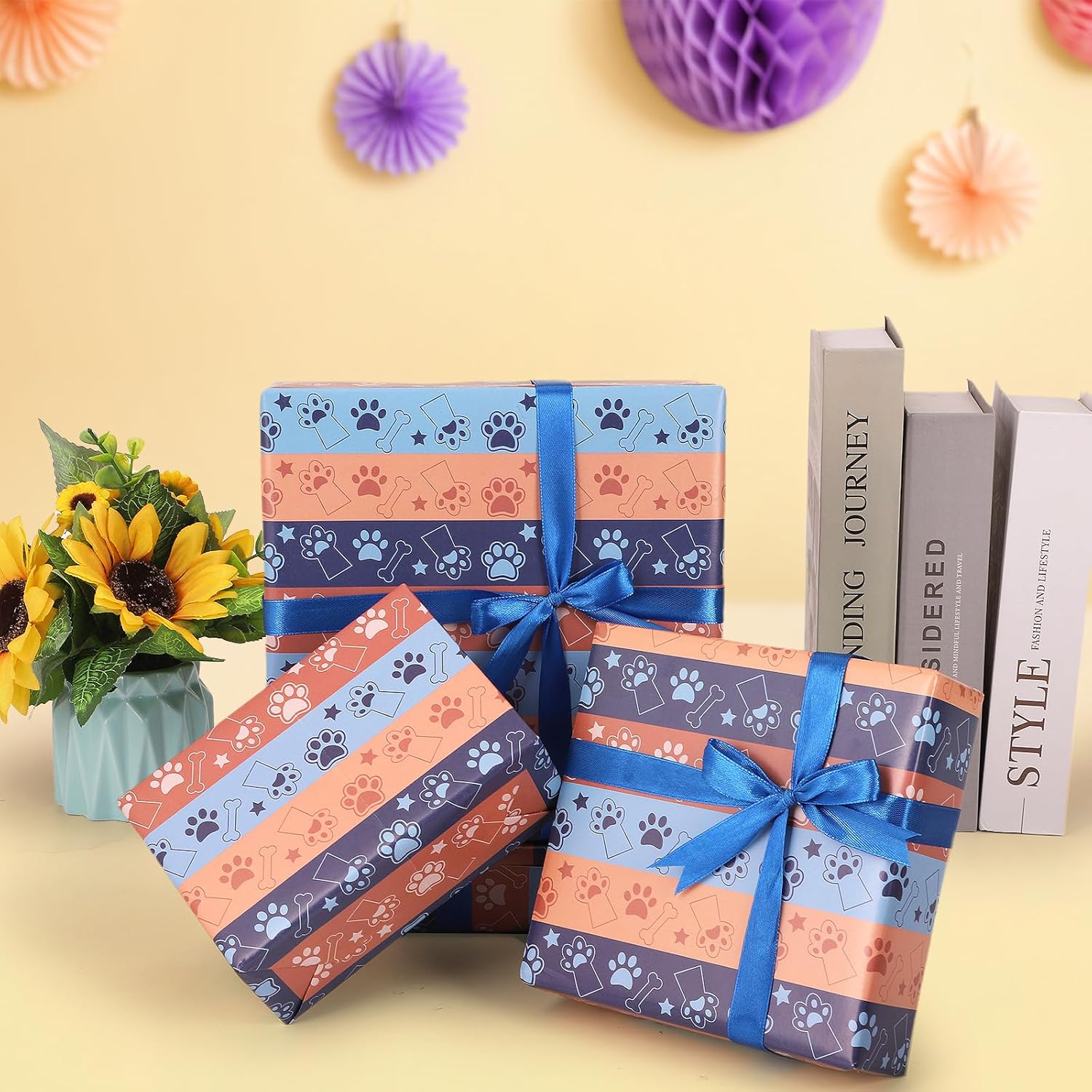 Blue Orange Dog Wrapping Paper, 8 Sheets Cartoon Puppy Paw Patterns Gift Wrap Paper For Kids Boys Girls Happy Birthday Baby Shower Theme Party Greeting Holiday Decoration Supplies| 19.7×27.6 Inch