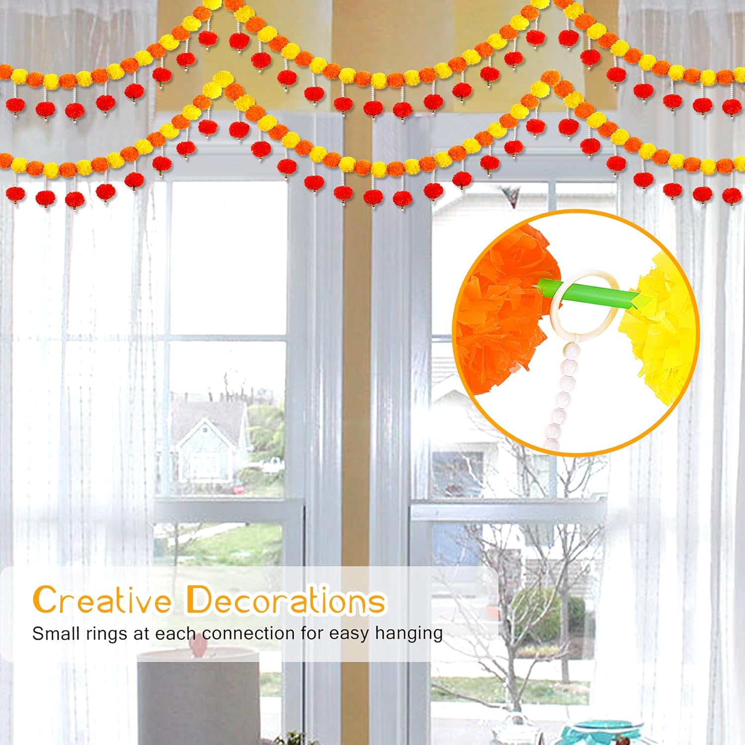 Diwali Artificial Marigold Garland With Pearls For Mantel, Pendant For Home Indian Wedding Party, Long Strands Marigold Flower Hanging For All Year Decoration