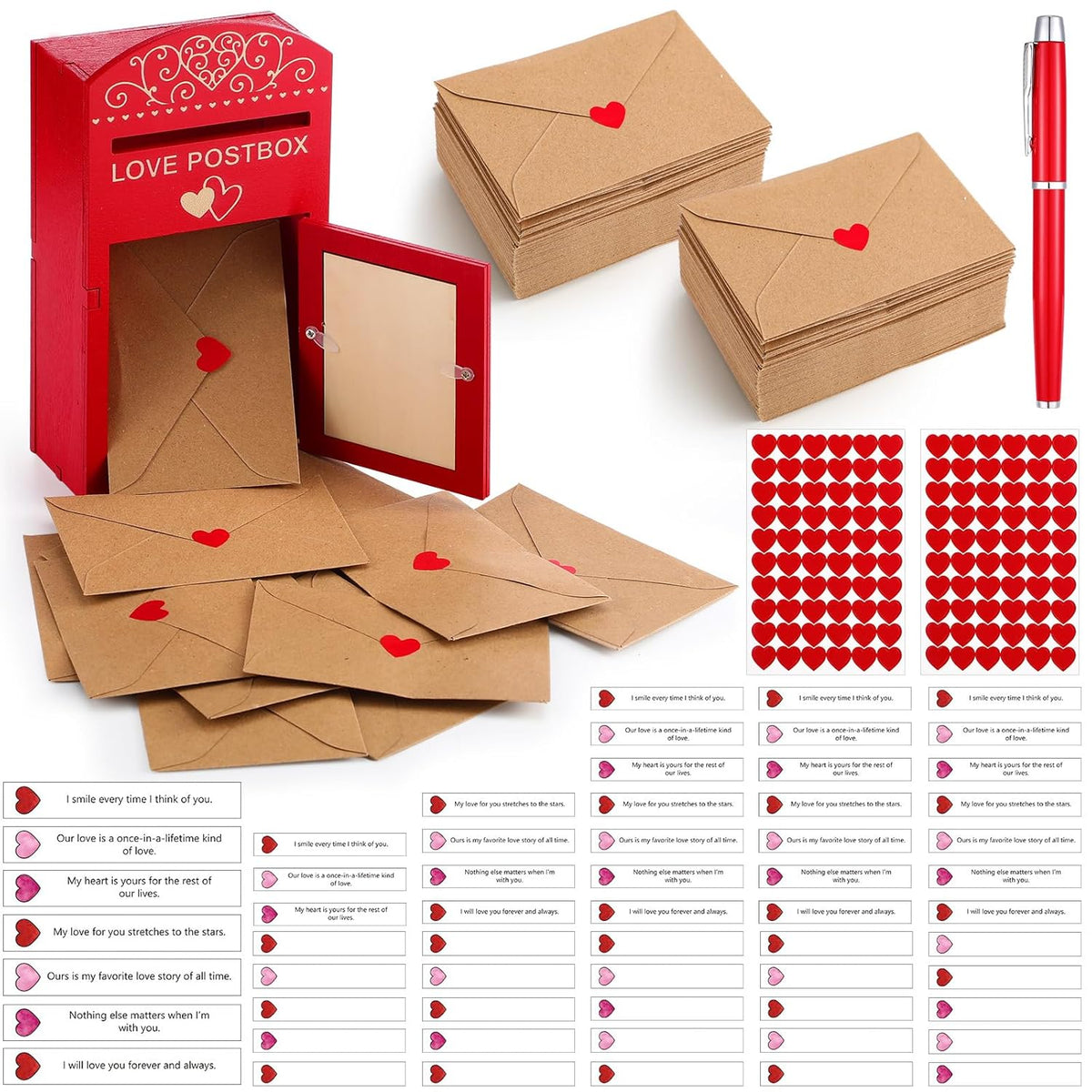 124 Pcs Valentines Love Postbox Wooden With 60 Mini Love Notes And 60 Envelopes 2 Heart Stickers Red Pen Valentines Letter Long Distance Relationship Mailbox Gifts For Couple Him Her