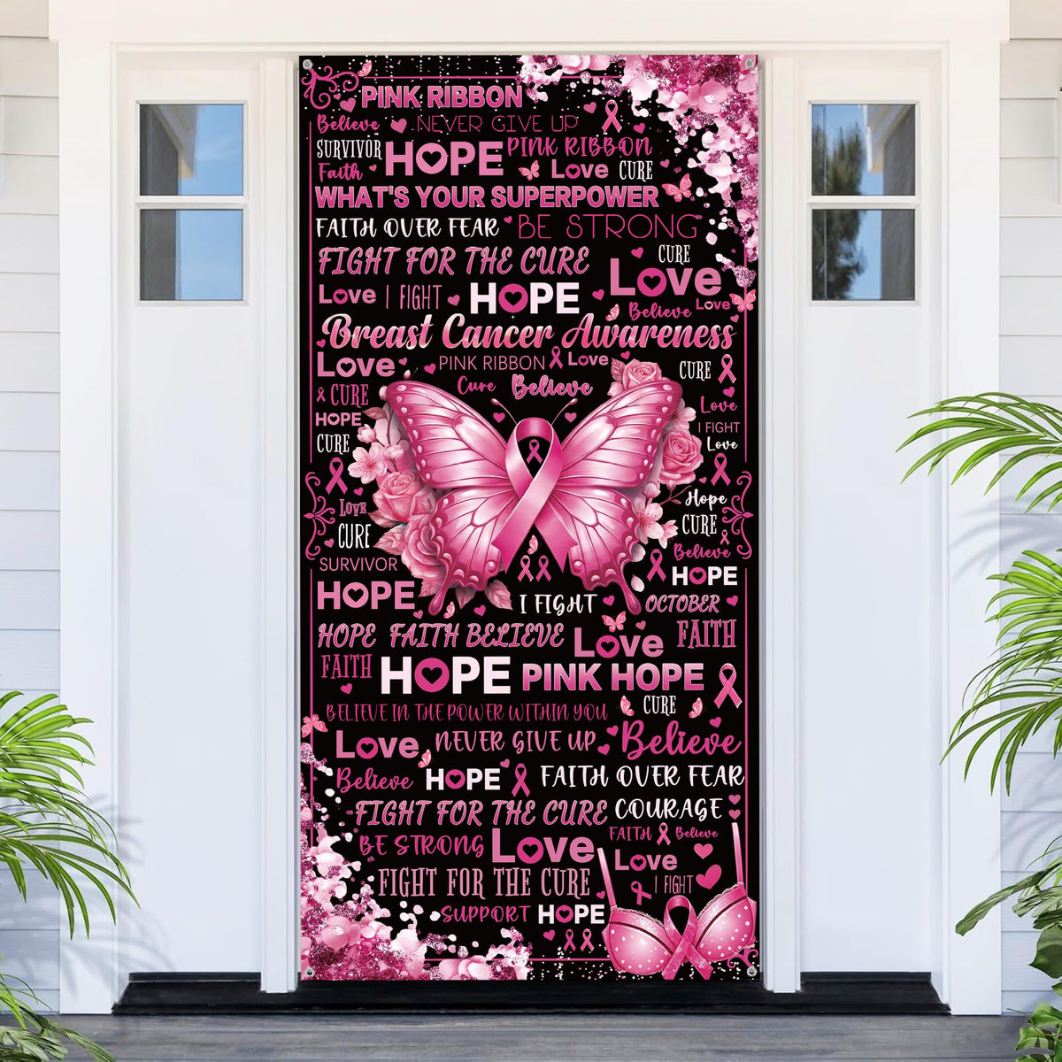 Breast Cancer Awareness Door Banner Butterfly Black Pink Ribbon Hope Decor