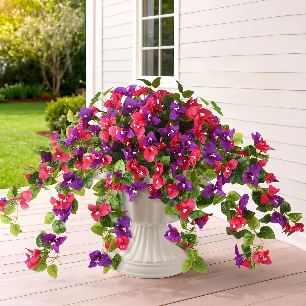 Artificial Fake Flowers Plants For Outdoor Decoration, 2 Pcs Faux Silk Flower Bougainvillea Vines Look Real Uv Resistant For Home Porch Patio Balcony Yard Spring Decor(Mix Purple)