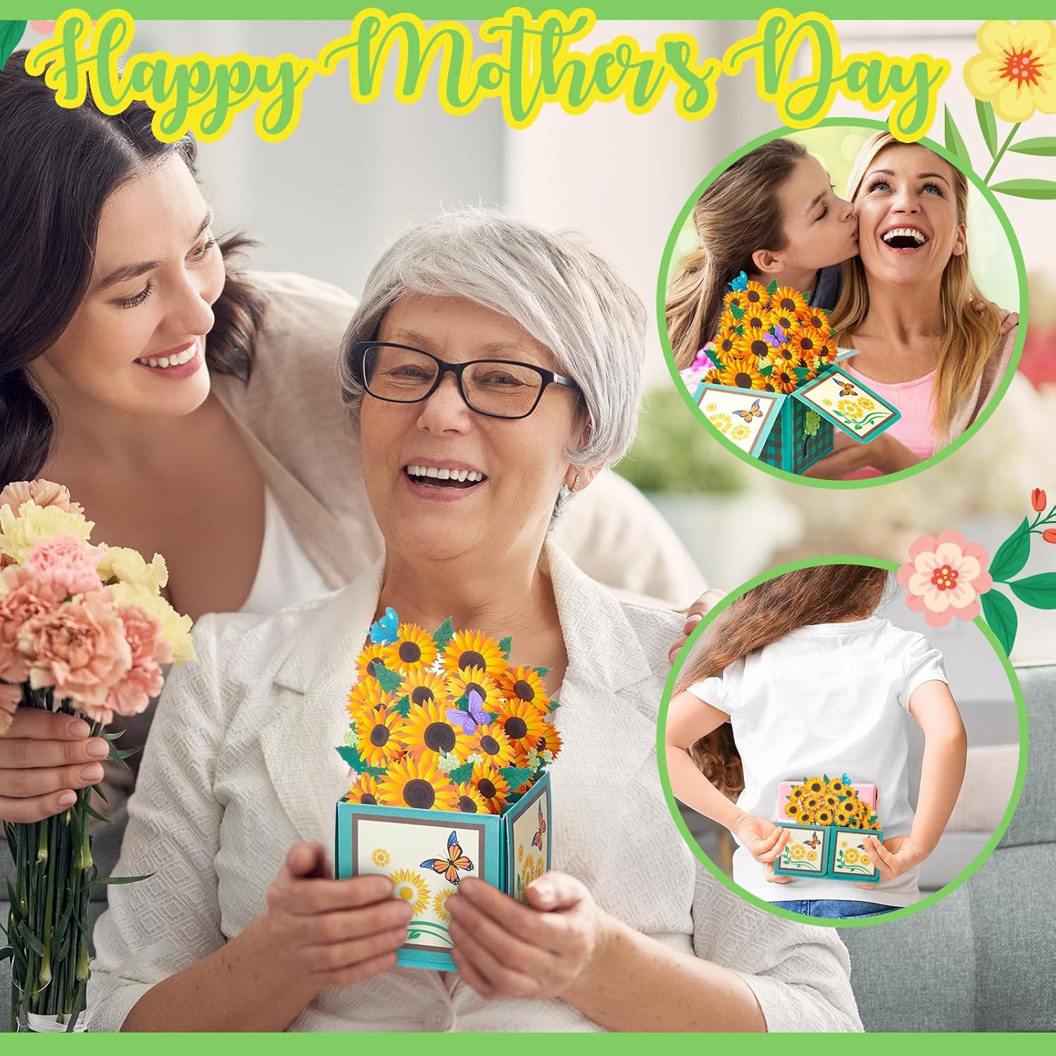6 Pack Spring Thank You Card Sunflower Pop Up Card Mom Floral Greeting Cards 3D Paper Flowers Bouquet For Mother'S Day Home Women Parents Birthday Wedding Gifts(Sunflower)