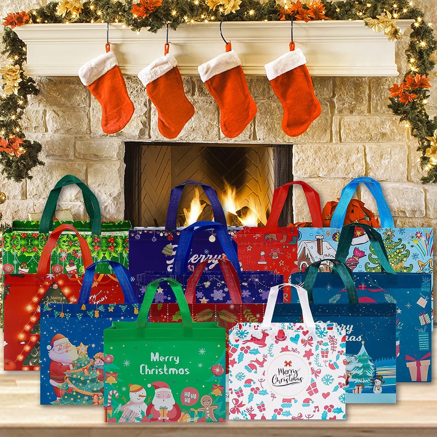 12 Pack Christmas Gift Bags Large Reusable Tote Bags, Non-Wove Bags For New Year'S Shopping, Christmas Surprise, Xmas Party Supplies,12.8"×9.8"×6.7"
