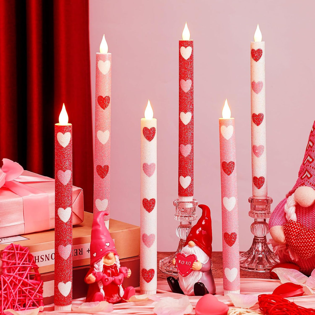 6 Pcs Heart Glitter Flameless Taper Candles 10.6 Inch Valentines Day Candles Battery Operated Led Candlesticks For Valenties Wedding Bridal Birthday Baby Shower Party Dinner Table Home Decor