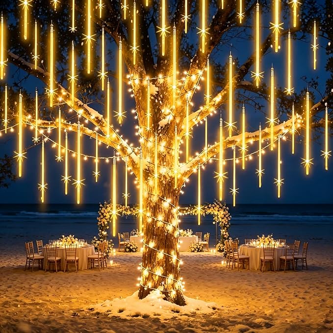 Outdoor Christmas Meteor Shower Lights 16 Inch 20 Tube Warm White Waterproof Falling Rain Icicle Lights
