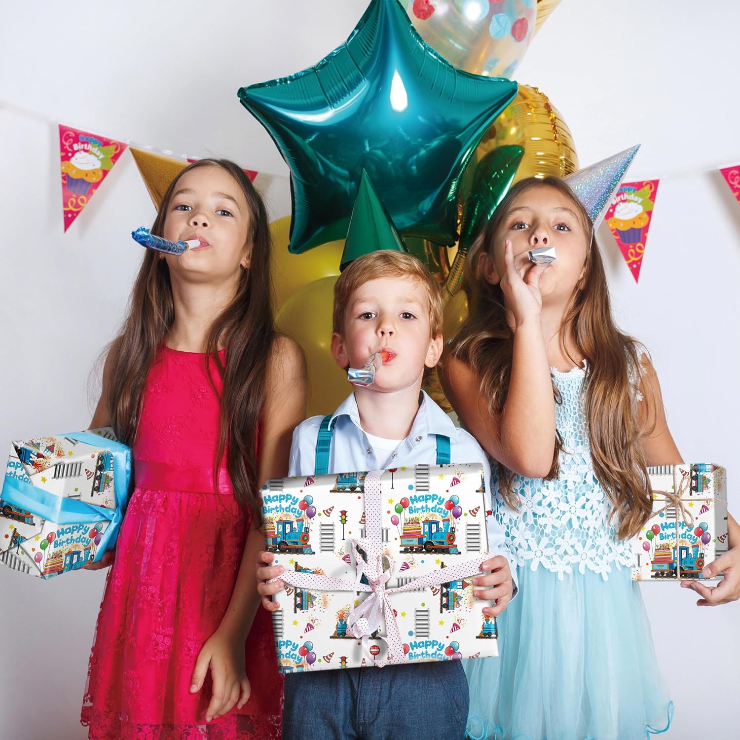 Birthday Train Wrapping Paper For Boys Kid - White Gift Wrap With Train Happy Birthday Balloons, Cake And Gifts Train Tracks For Baby Shower - 28X40 Inches, 4 Folded Sheets