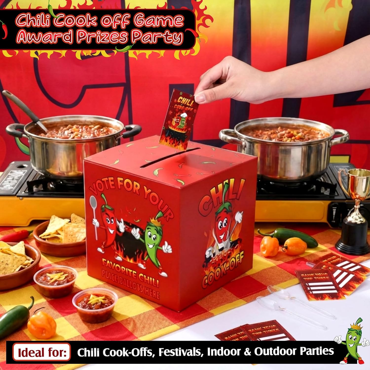 62 Pcs Chili Cook Off Decorations Set, 71" X 24" Chili Cook Off Banner, Pepper Contest Ballot Box With 60 Voting Cards For Mexican Fiesta Cooking Contest Bbq Party Supplies
