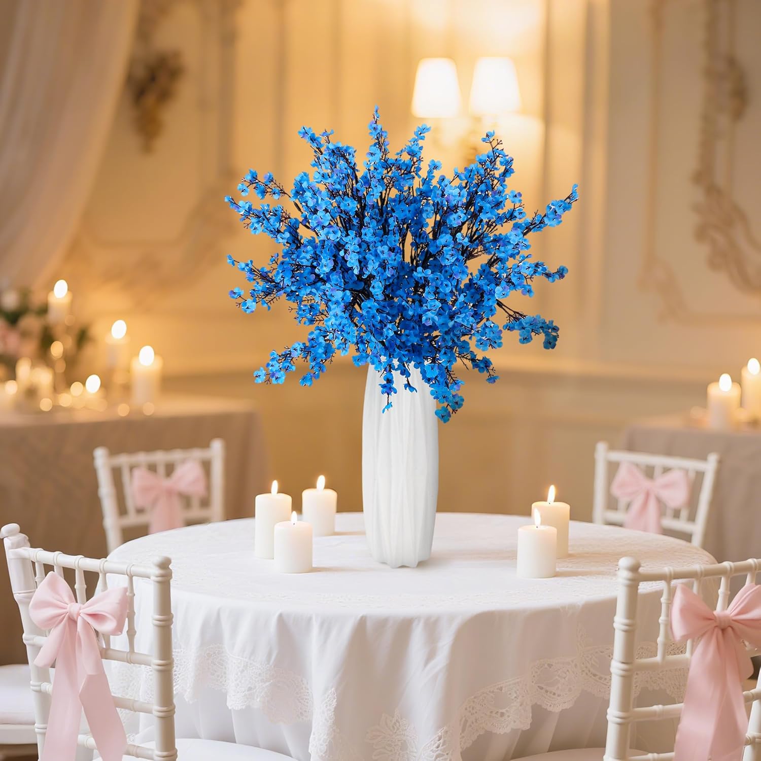 12Pcs Blue Babys Breath Artificial Flower Fake Silk Plum Blossom Flowers Stems Floral Arrangement Bulk For Home Indoor Table Vase Wedding 4Th Of July Independence Day Decoration