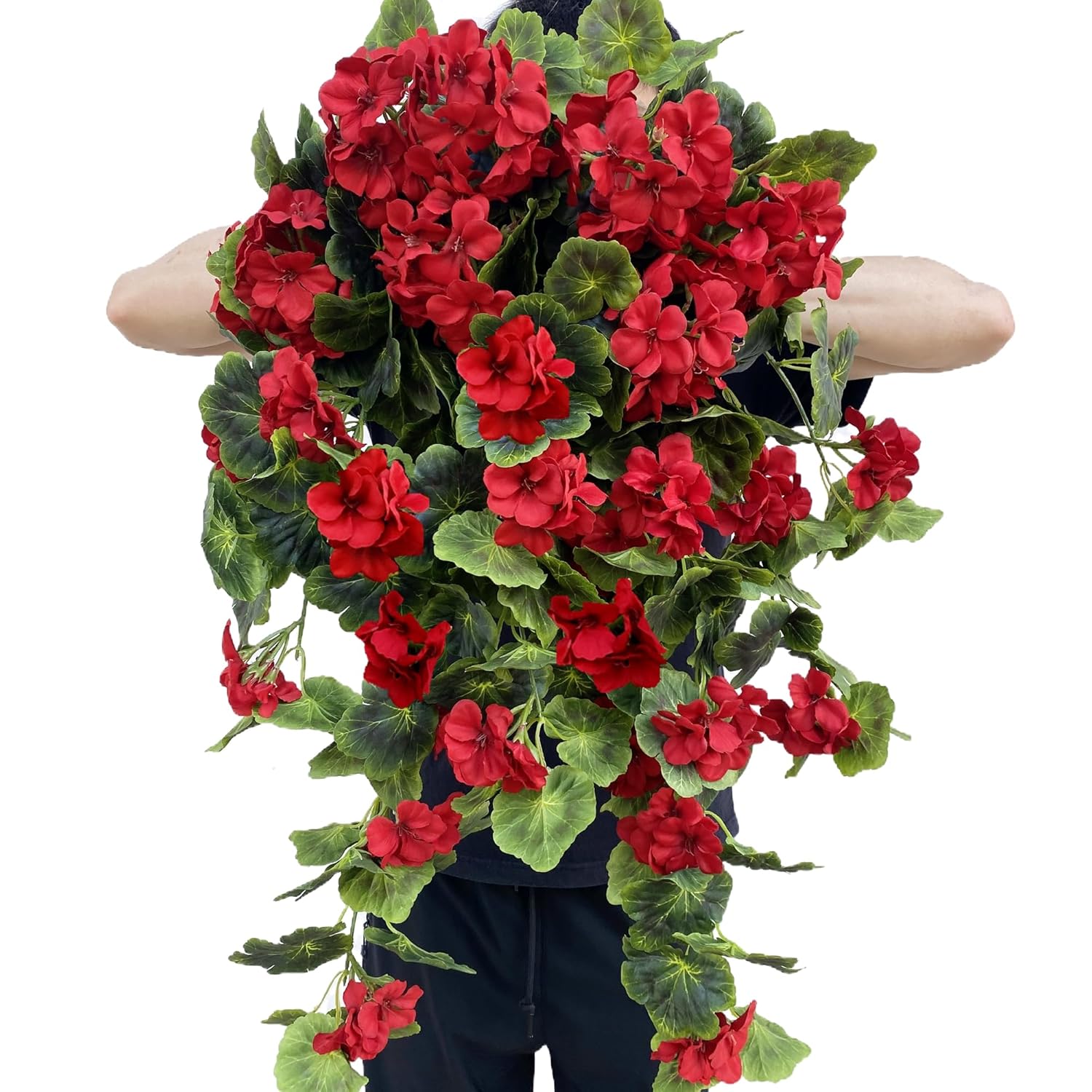 Artificial Geraniums Hanging Bundles Full Blooms Silk Flower Plants Geranium Vines For Home Garden Wedding Indoor Outdoor Decor (Red Hanging - 2 Pack)