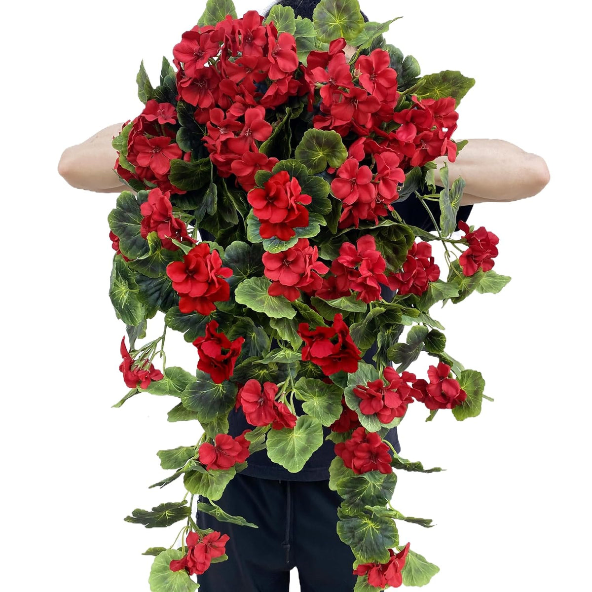 Artificial Geraniums Hanging Bundles Full Blooms Silk Flower Plants Geranium Vines For Home Garden Wedding Indoor Outdoor Decor (Red Hanging - 2 Pack)