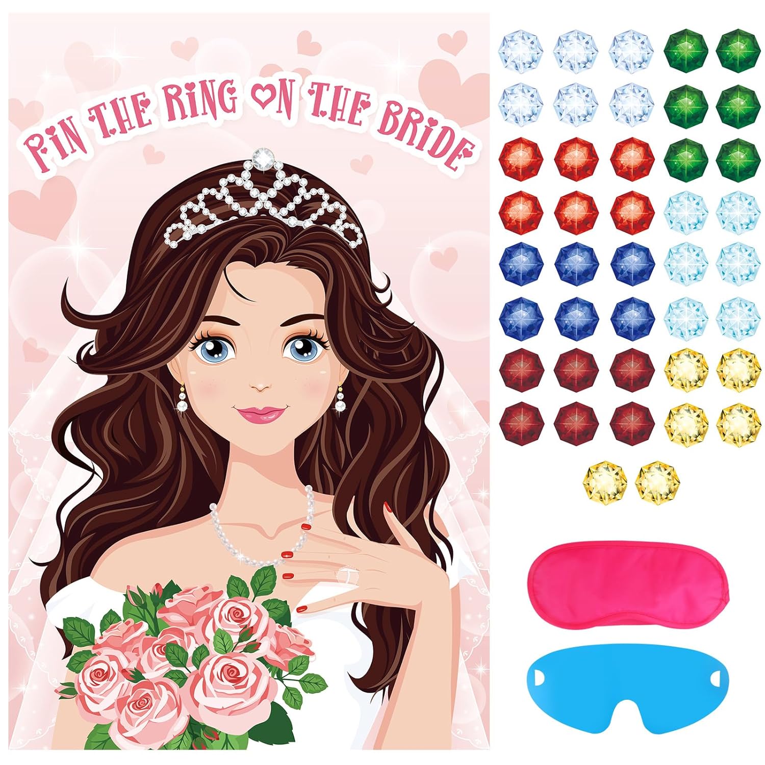 Pin The Ring On The Bride Game - 42 Pcs Rings, Large Bridal Games Poster For Shower, Wedding, Birthday, Carnival Party Supplies