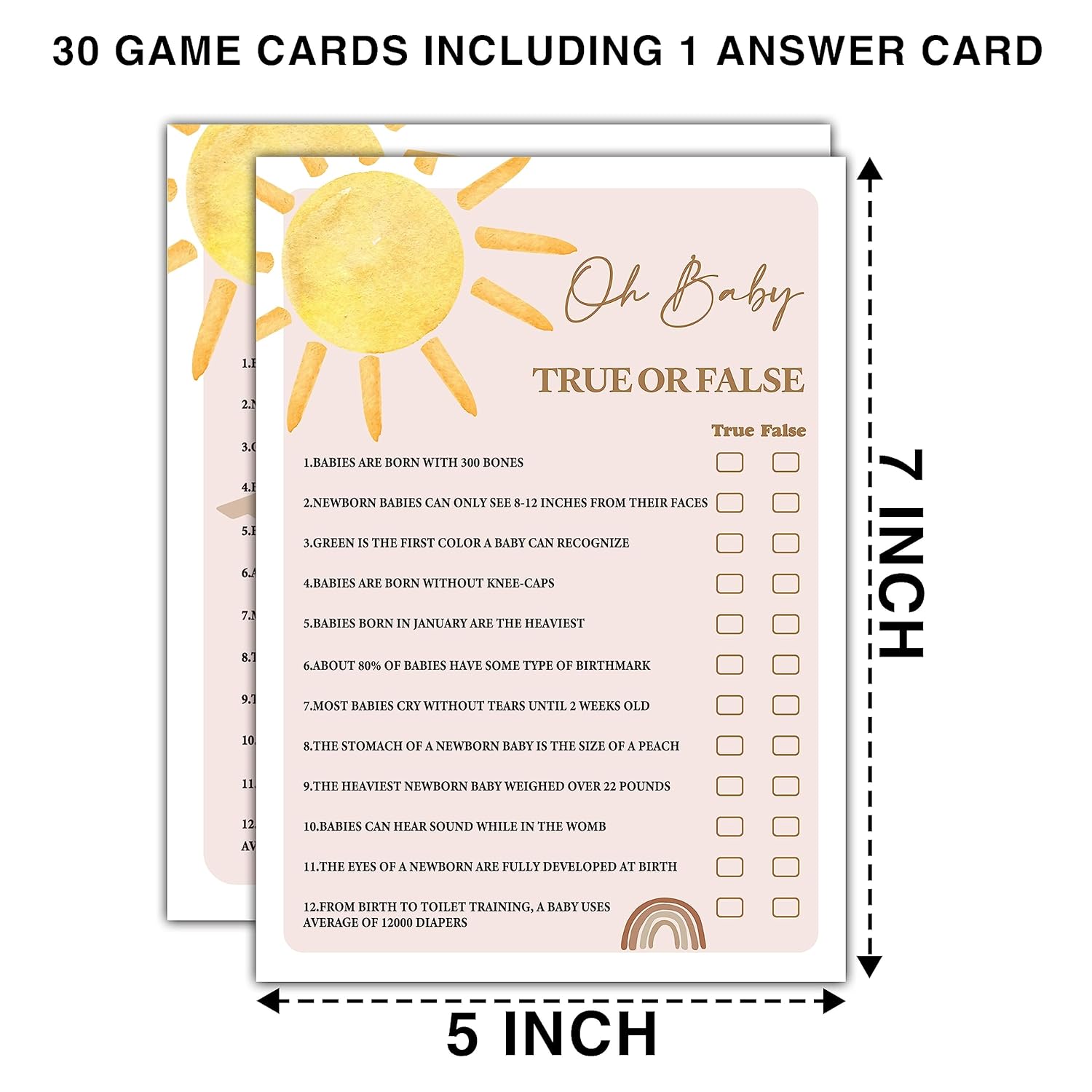 Boho Sunshine 30 Oh Baby True Or False Game Cards With 1 Answer Card, Gender Reveal Party Supplies Favors (5"X7") - D03