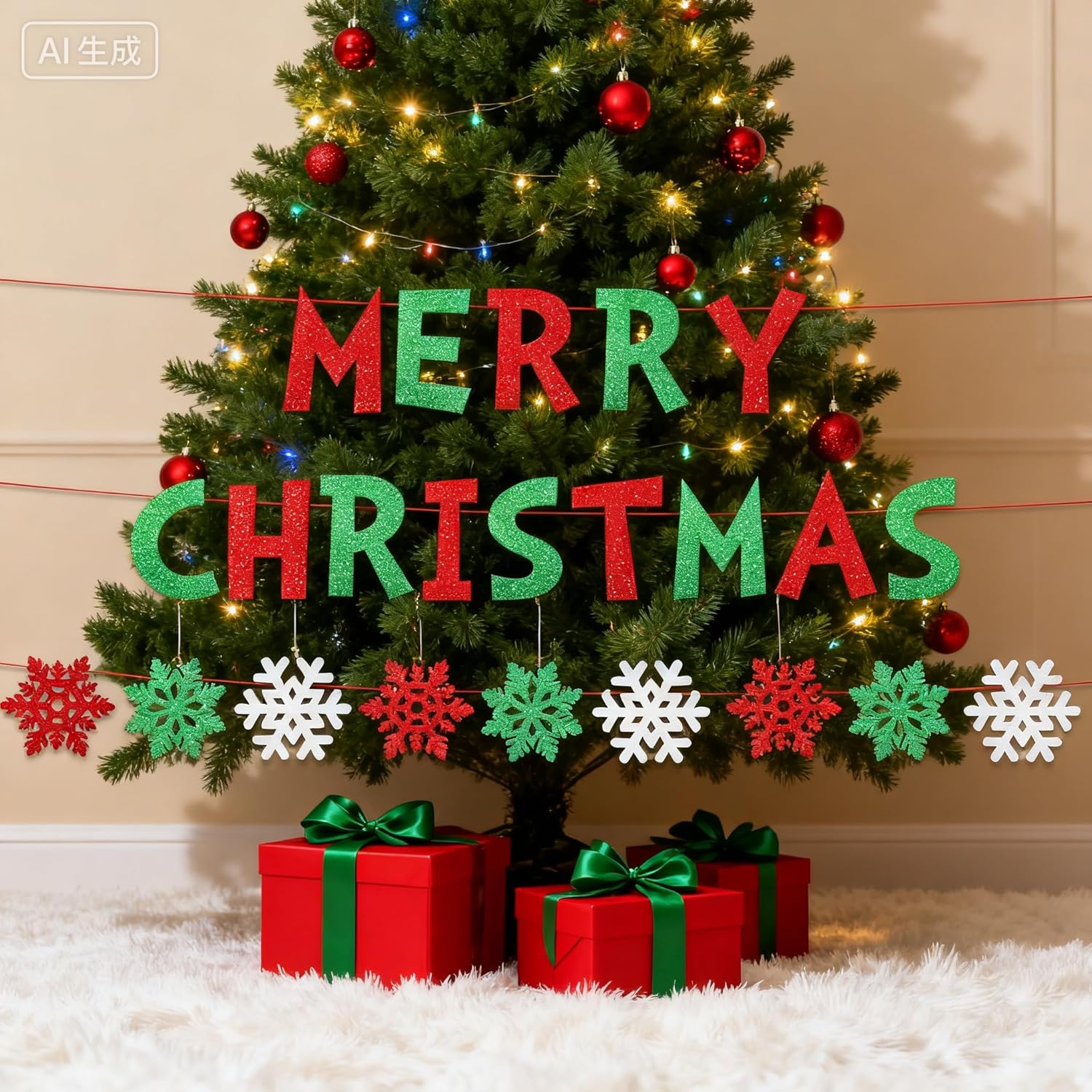 Christmas Party Decorations - Glitter Merry Christmas Banner Red & Green Christmas Bunting Garland For Indoor Home Office Fireplace Mantel Farmhouse