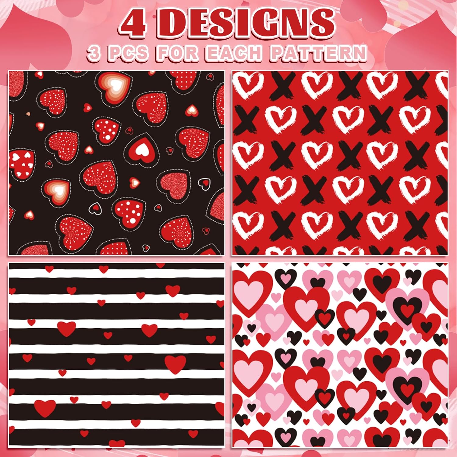12 Sheet Valentine’S Day Wrapping Paper Love Heart Xoxo Gift Wrap Paper Folded Flat Red Black Diy Craft Art Paper For Birthday Wedding Party Supplies, 19.7 X 27.6 Inch