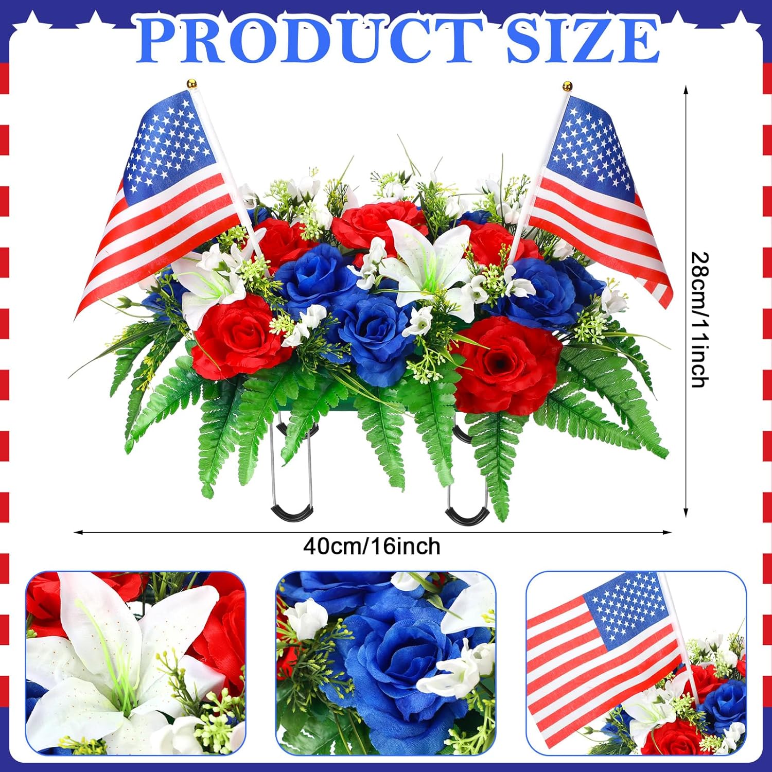 Memorial Day Headstone Flower Saddle Artificial Cemetery Grave Flowers For Veterans 4Th Of July Independence Day Patriotic Tombstone Gravestone Arrangements Outdoor Decorations