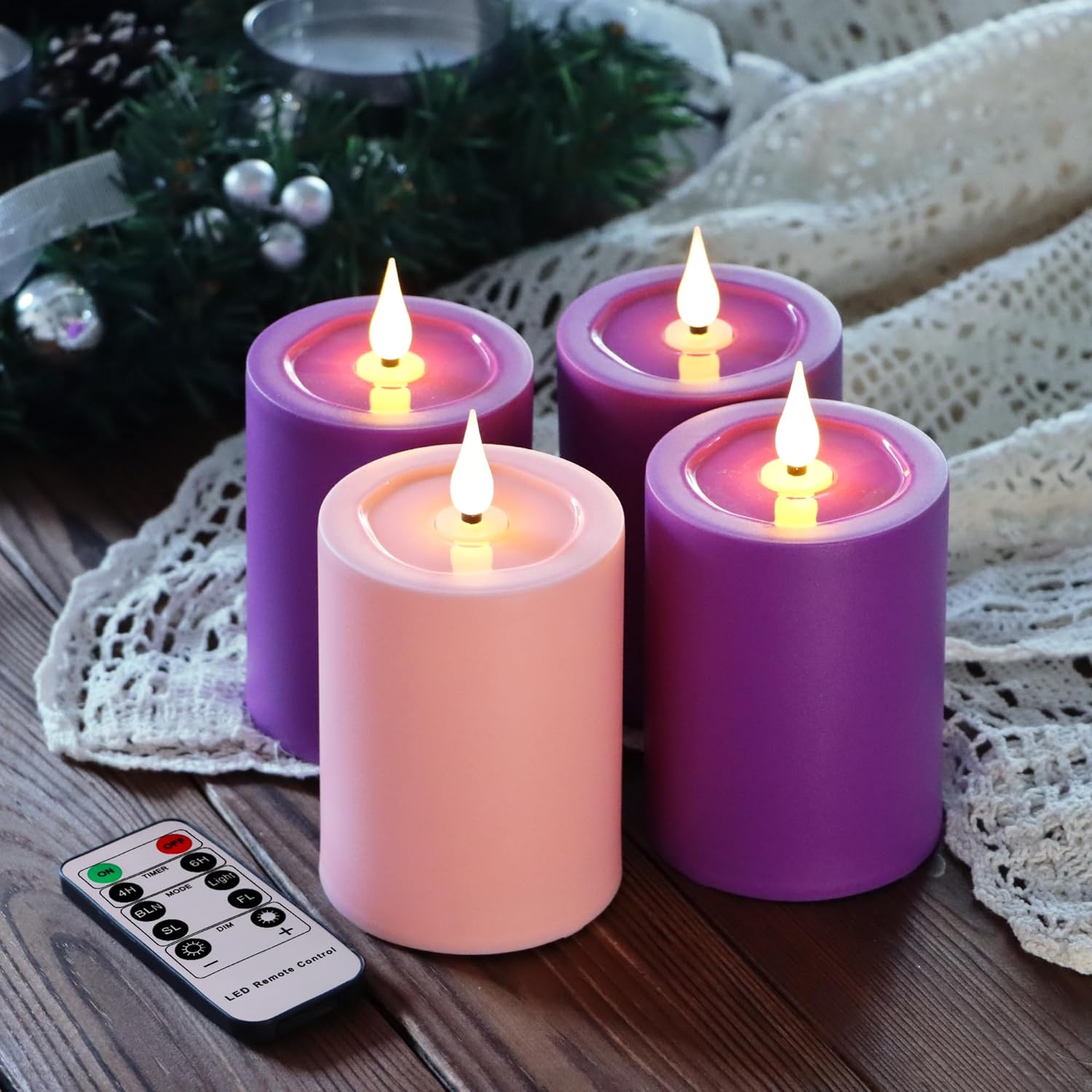 Flameless Advent Candles Purple And Pink, 5 Inch Battery Operated Led Pillar Candles With Remote Timer, 350+ Hours Long Lasting For Christmas Rituals And Wreath, Set Of 4