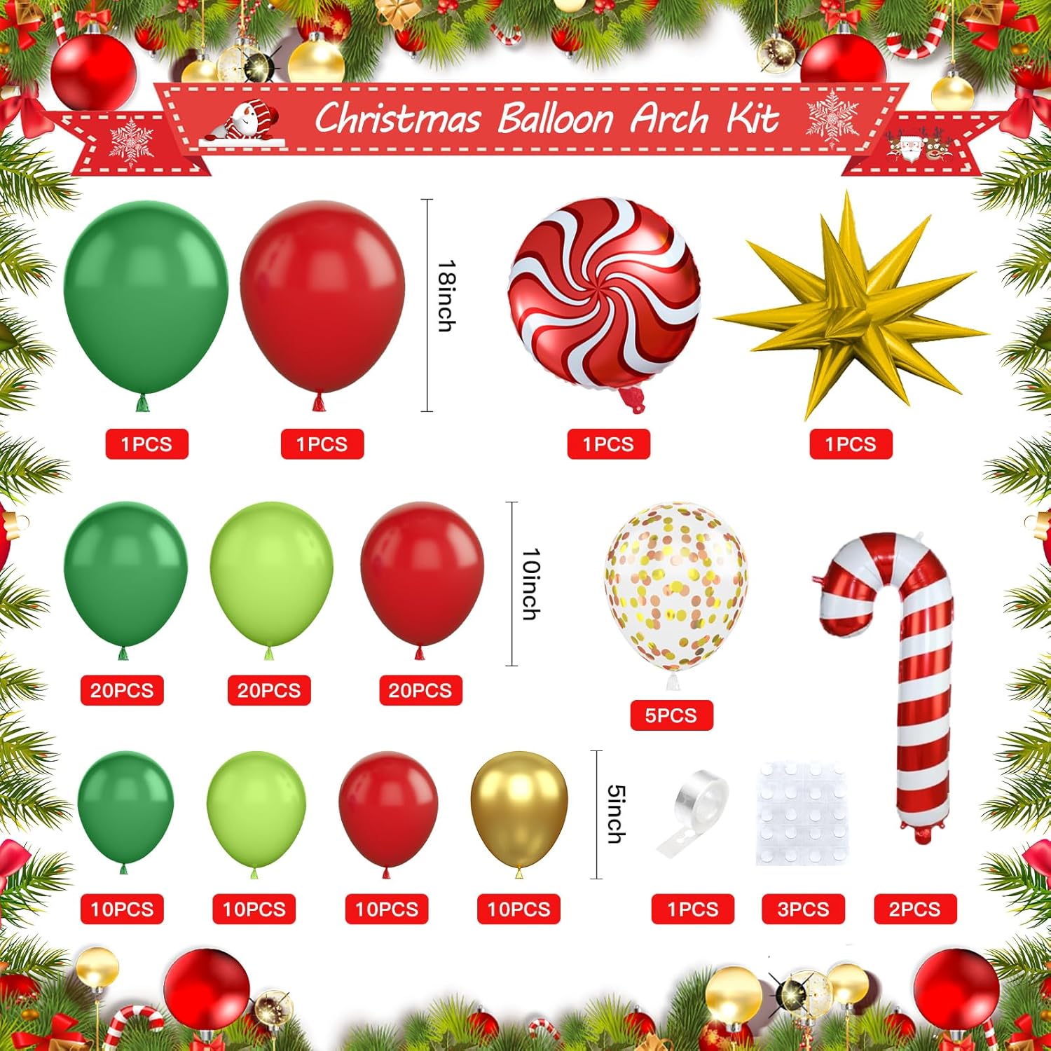 Christmas Balloon Garland Kit, Red Green Christmas Balloon Arch Kit With Metallic Gold Balloons Star Candy Cane Christmas Foil Balloon For Christmas Party Decorations New Year Party Supplies