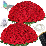 50 Pcs Fake Red Roses Artificial Flowers Bulk, Faux Velvet Silk Rose Bouquet With Long Stems Real Look For Wedding Party Centerpieces Vases Decor