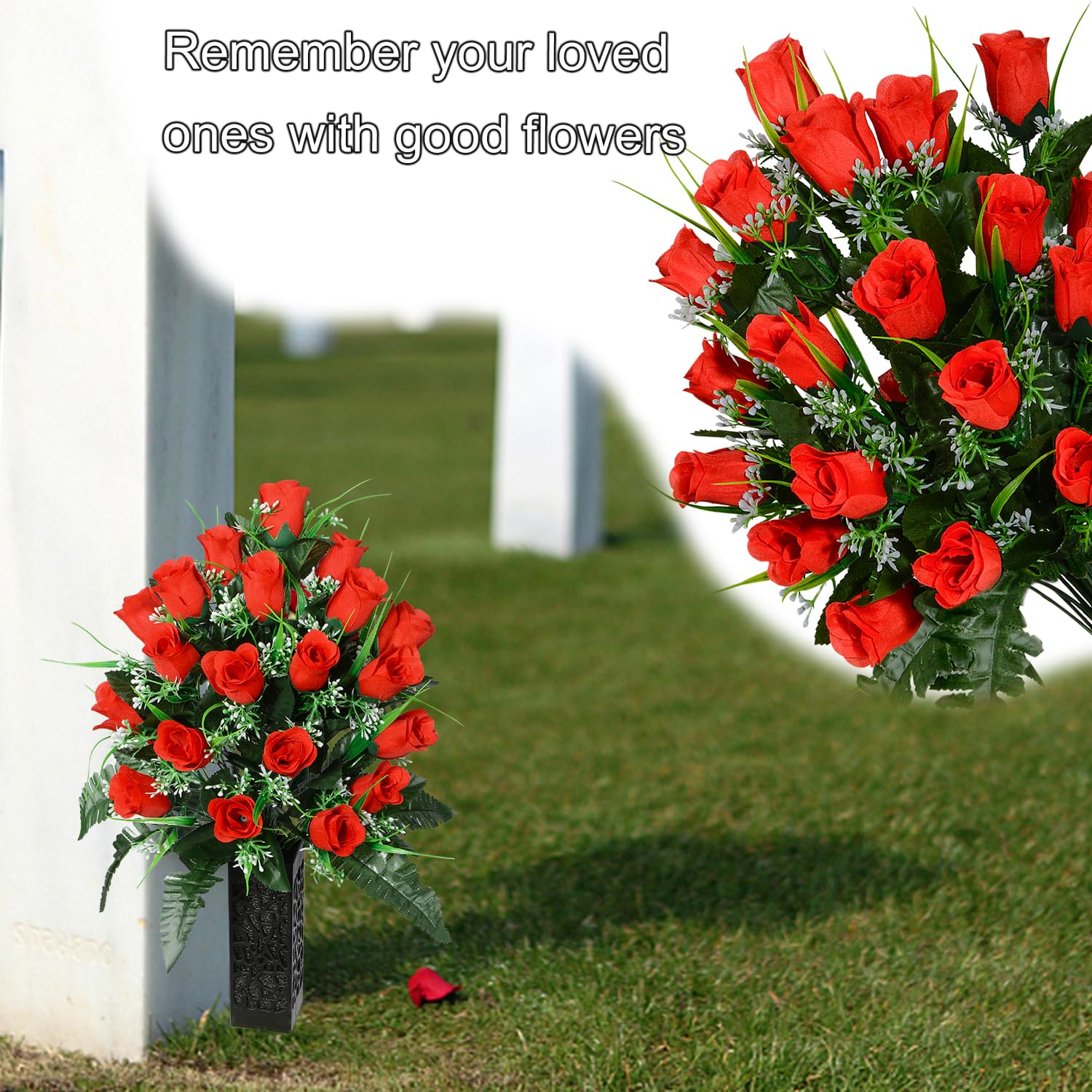 Artificial Cemetery Flowers For Grave, Artificial Rose Memorial Flowers With Vase For Cemetery Headstones Gravesites Decoration Long-Lasting Remembrance (Red)