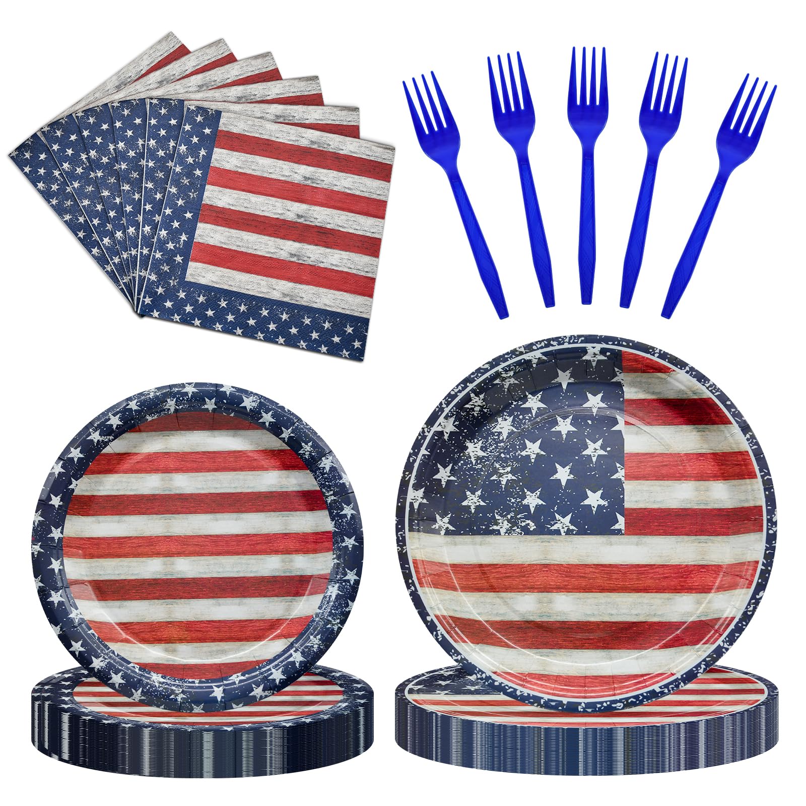 96 Pieces 4th of July Plates and Napkins Set, Vintage American Flag Disposable Tableware with Paper Plates Napkins and Forks for BBQ Picnic Party, Serves 24