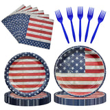 96 Pieces 4th of July Plates and Napkins Set, Vintage American Flag Disposable Tableware with Paper Plates Napkins and Forks for BBQ Picnic Party, Serves 24