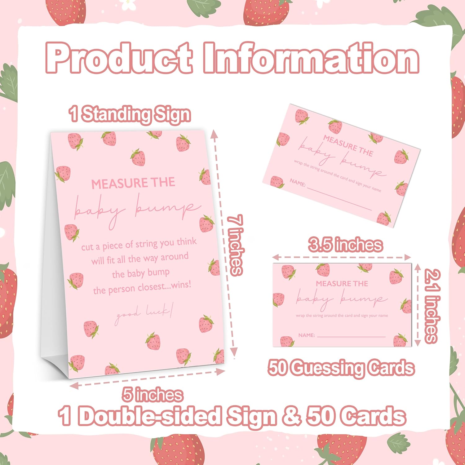 Baby Shower Games For Girl, Strawberry Measure The Baby Bump, 1 Self-Standing Sign With 50 Tickets, Hilarious Babies Shower Games For Gender Reveal Party - A03