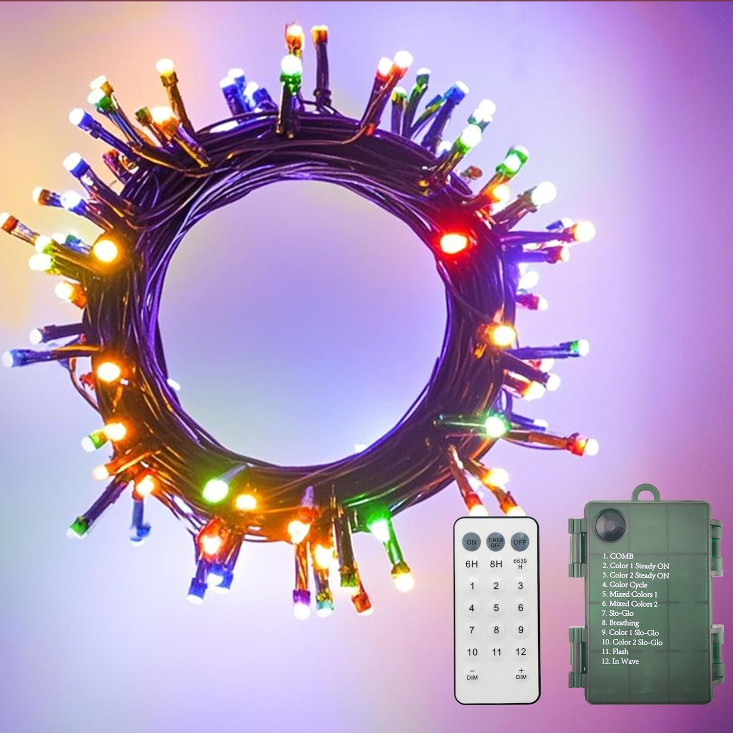Led Fairy String Lights, Battery Operated, Dimmable, Remote Control, Color Changing (Warm/Multicolor) - Dark Green Wire